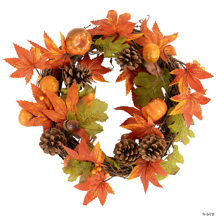 1 Piece(s): Orange Foliage with Pine Cones and Pumpkins Autumn Harvest Wreath 10-Inch Unlit | USA Decoration®