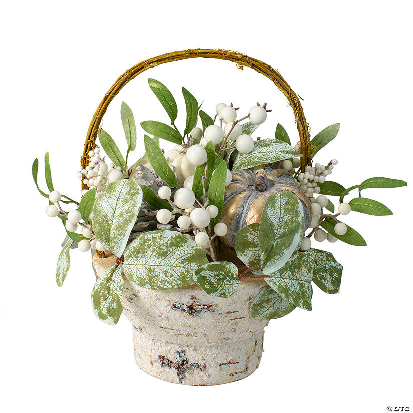 1 Piece(s): 13" Green and Gold Pumpkin and Leaves Artificial Thanksgiving Basket | USA Decoration®