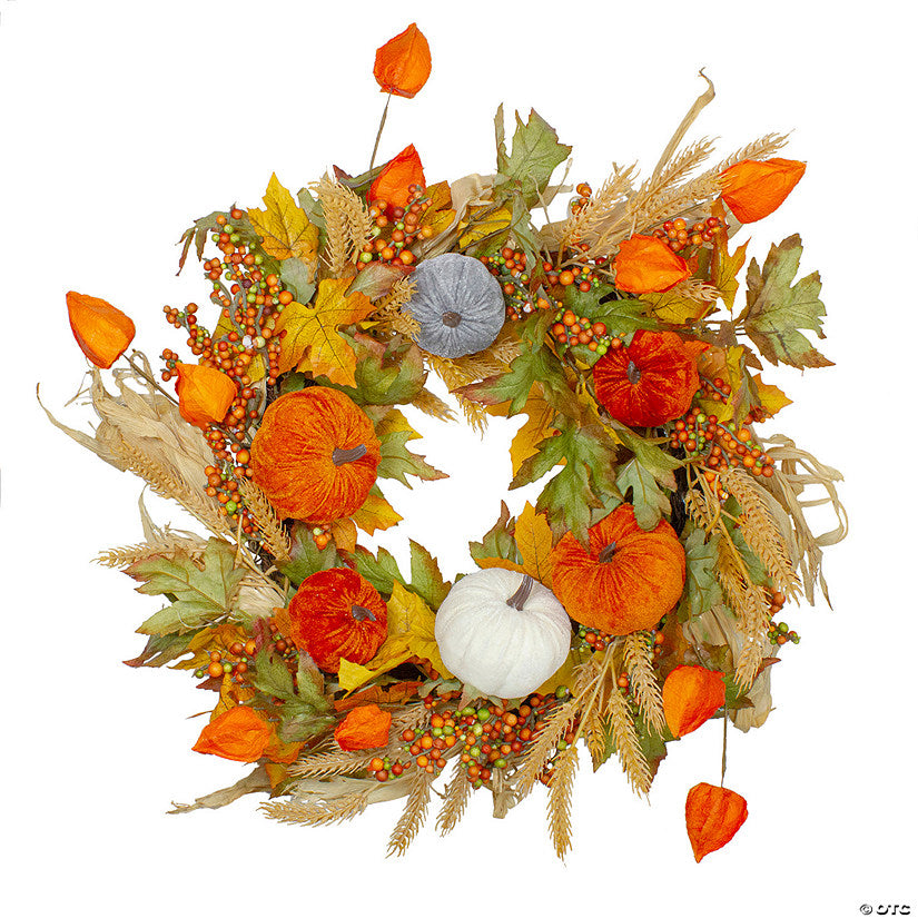 1 Piece(s): Velvet Pumpkins and Wheat Artificial Fall Harvest Wreath - 24-Inch Unlit | USA Decoration®