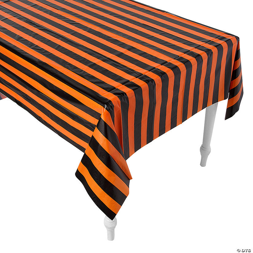 54" x 108" Halloween Orange & Black Striped Disposable Plastic Tablecloth | USA Decoration®
