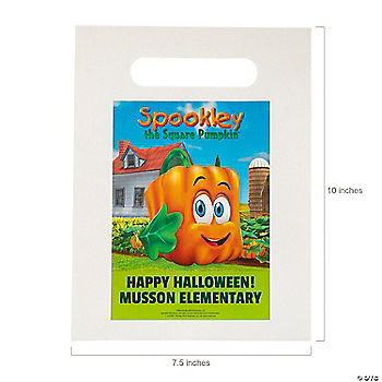 50 Piece(s): 7 1/2" x 10" Bulk 50 Pc. Personalized Spookley the Square Pumpkin™ Paper Treat Bags | USA Decoration®