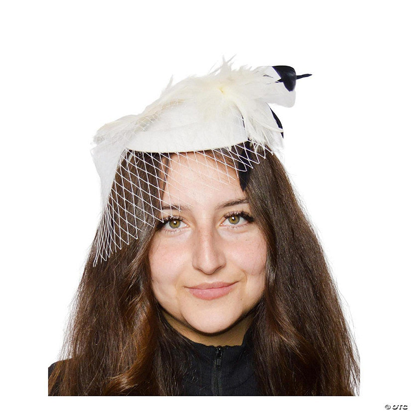 Feathery White Fascinator with Lace Veil Adult Costume Hat