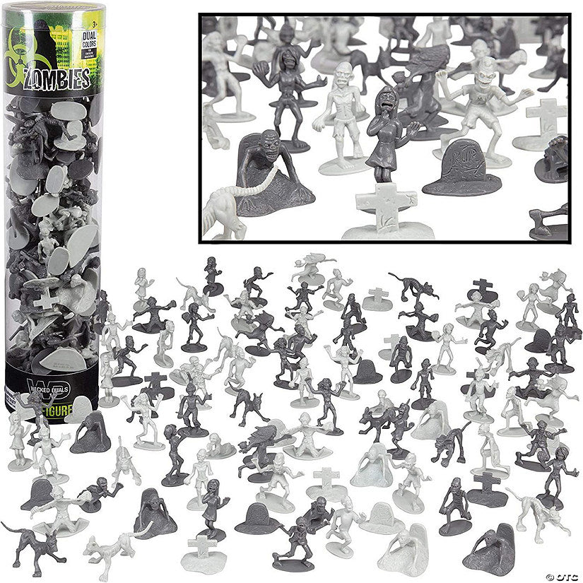 1 Count: Zombie Action Figures - Big Bucket of 100 Zombies with 14 Unique Sculpts - Zombies, Pets, Graves, and Humans for Playtime, Decoration and Halloween Trick or Tre | USA Decoration®