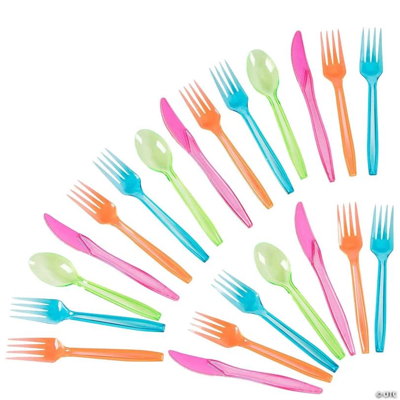 144 Pieces Plastic Silverware Cutlery Utensils Set with Forks, Knives, Spoons for Kids Birthday Party Supplies, Neon | USA Decoration®