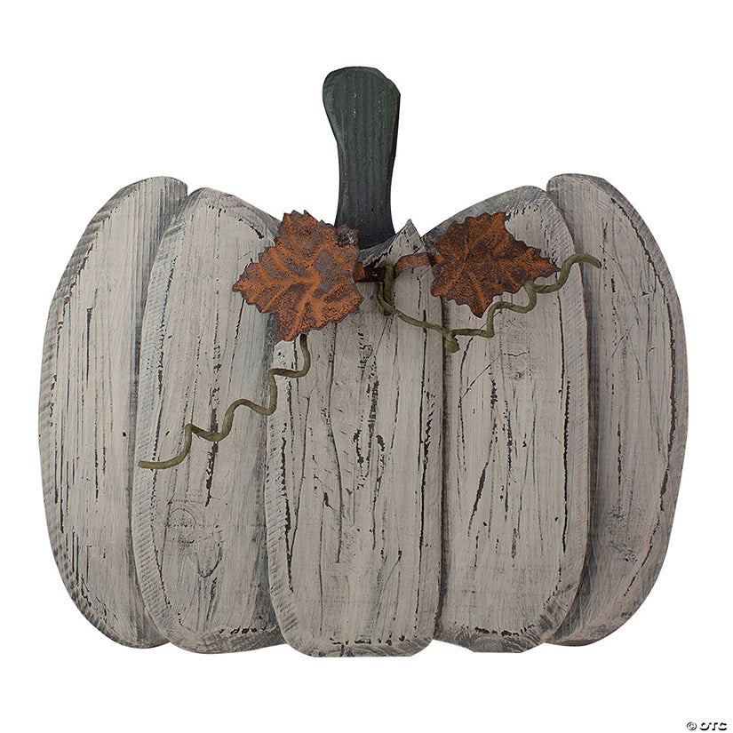 1 Piece(s): 15" Small White Wooden Fall Harvest Pumpkin with Leaves and Stem | USA Decoration®