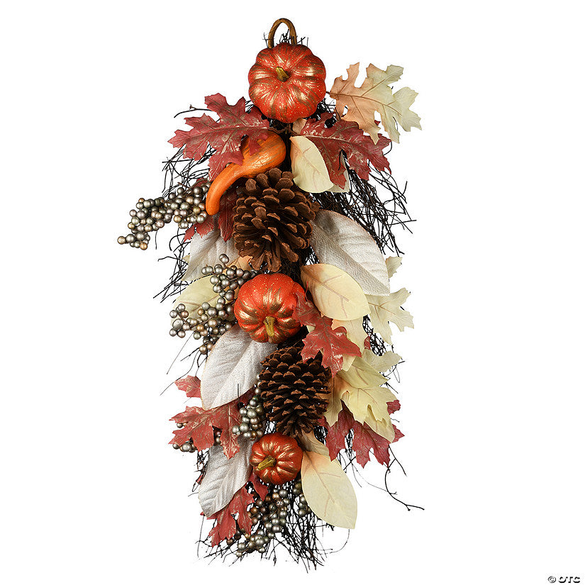 1 Piece(s): National Tree Company 24" Fall Teardrop Wall Decoration, Decorated with Pumpkins, Pine Cones, Berry Clusters, Maple Leaves | USA Decoration®