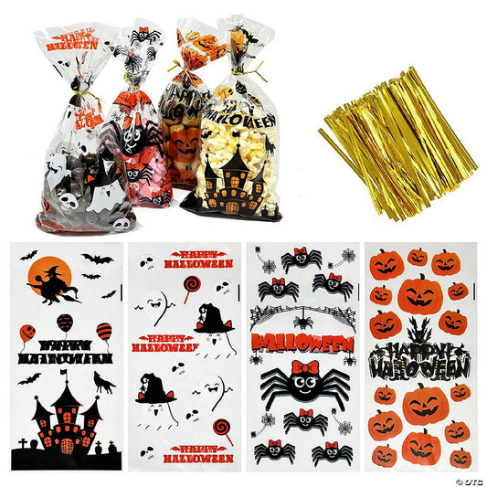 Wrapables 100pcs Halloween Cellophane Treat Bags and Ties, Halloween Treat Bag, Halloween Gift Bag, Halloween Goody Bag, Creepy Critters halloween