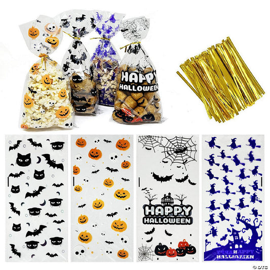 Wrapables 100pcs Halloween Cellophane Treat Bags and Ties, Halloween Treat Bag, Halloween Gift Bag, Halloween Goody Bag, Dark Creatures halloween