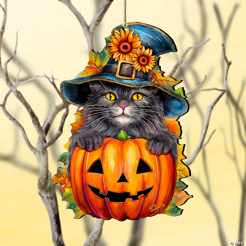 1 Count: Black Cat Pumpkin Wooden Ornament by G. Debrekht - Thanksgiving Halloween Decor | USA Decoration®