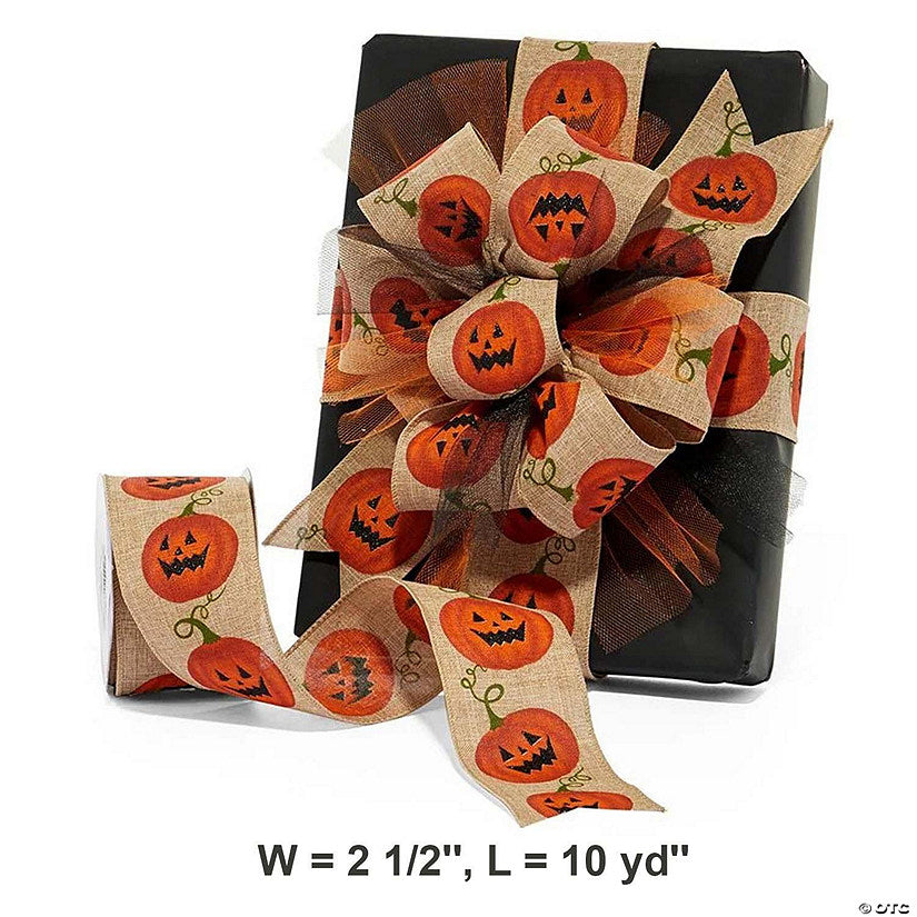 1 Piece(s): 2.5 x 10 Cheerful Jack O' Lantern Design on Wired Ribbon for Crafts | USA Decoration®