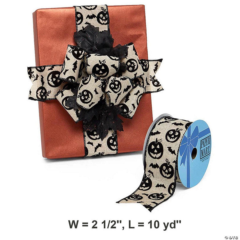 1 Piece(s): Playful Pumpkin and Bat Wired Ribbon in Faux Linen Fabric | USA Decoration®