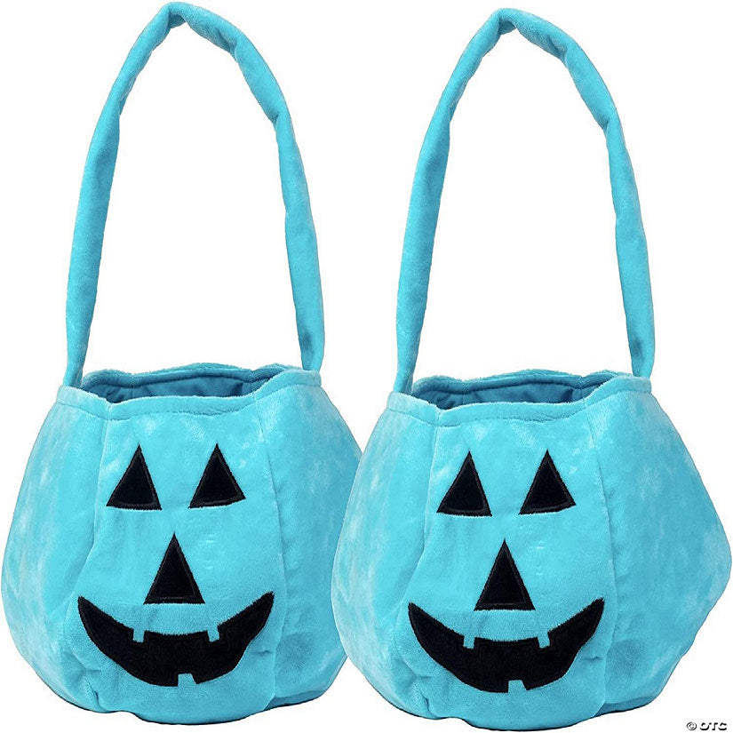 1 Count: Halloween Teal Pumpkin Reusable Fabric Trick or Treat Tote (2pk)- Collapsible Canvas Soft Candy Bag 8" x 8" Kids Light Blue Allergy-Friendly Awareness Jack O La | USA Decoration®