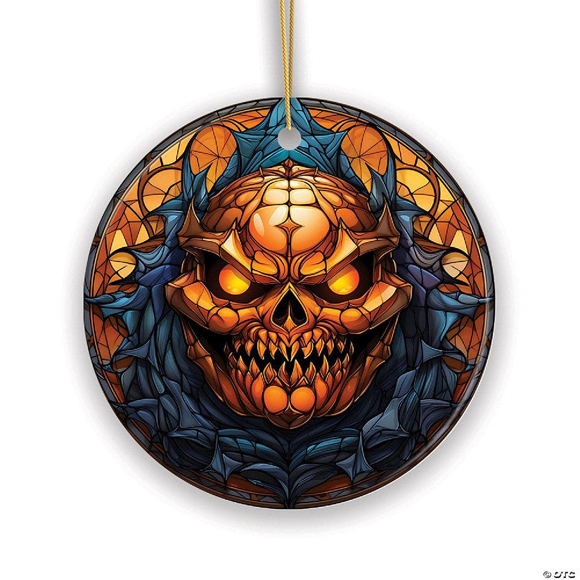 1 Piece(s): Pumpkin Skull with Glowing Red Eyes Stained Glass Style Ceramic Ornament, Halloween Themed Christmas Gift and Decor, OrnamentallyYou | USA Decoration®