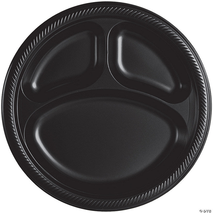 10" Black Disposable Three-Section Round Plastic Dinner Plates - 20 Ct. | USA Decoration®
