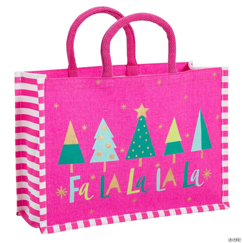 14" x 10" Large Pink Fa La La Christmas Trees Laminated Canvas Tote Bag