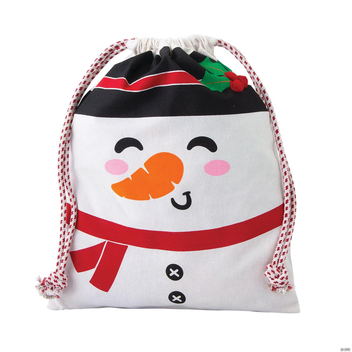 Snowman canvas drawstring bag with pom-poms