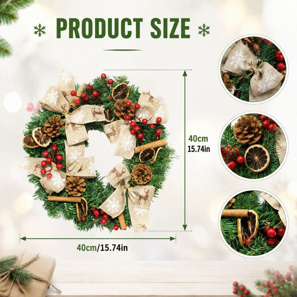 15.74 Inch Artificial Christmas Wreath with Burlap Bows, Pinecones, Red Berries, Dried Orange Slices and Cinnamon Sticks for Front Door Holiday Decor