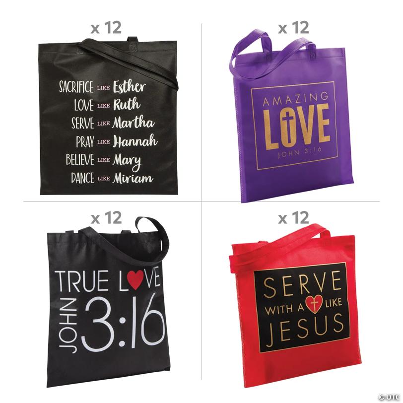 15" x 17" Bulk 48 Pc. Large Religious Nonwoven Tote Bag Assortment
