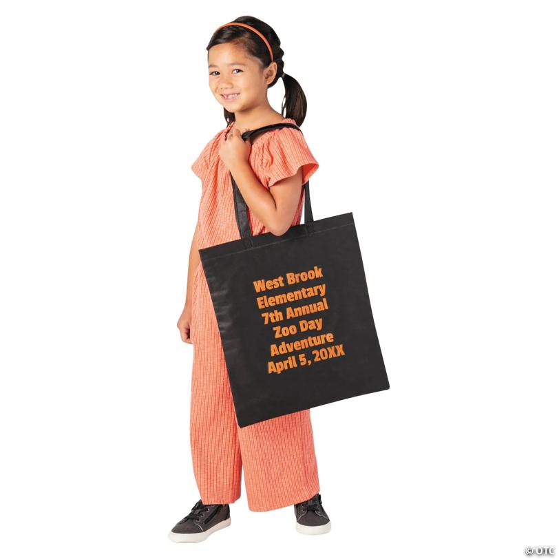 15" x 17" Bulk 48 Pc. Personalized Large Black Nonwoven Tote Bags with Text Color Choice