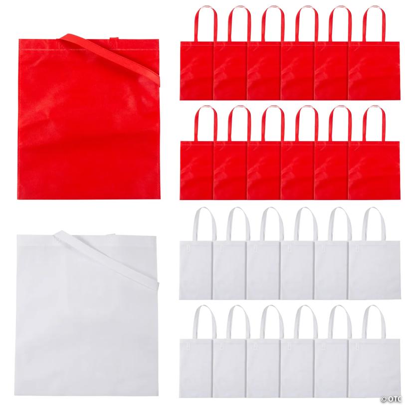 15" x 17" Large Christmas Red & White Nonwoven Tote Bag Assortment – 24 Pc.