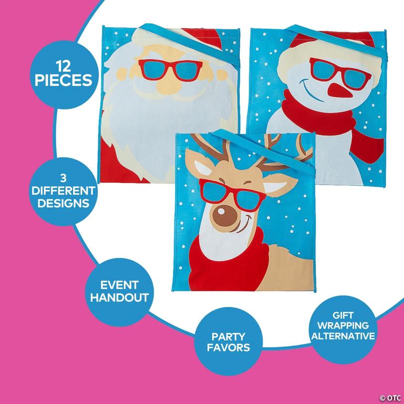 15" x 17" Large Cool Christmas Character Nonwoven Tote Bags - 12 Pc.