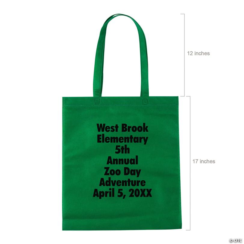 15" x 17" Personalized Large Green Nonwoven Tote Bags with Text Color Choice - 48 Pc.