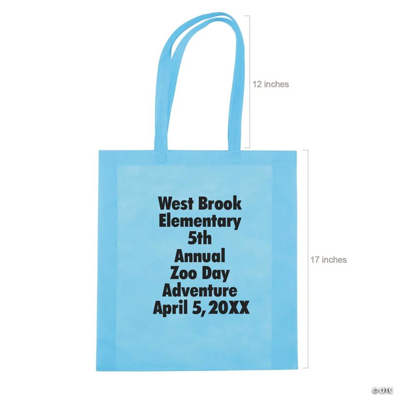 15" x 17" Personalized Large Light Blue Nonwoven Tote Bags with Text Color Choice - 48 Pc.