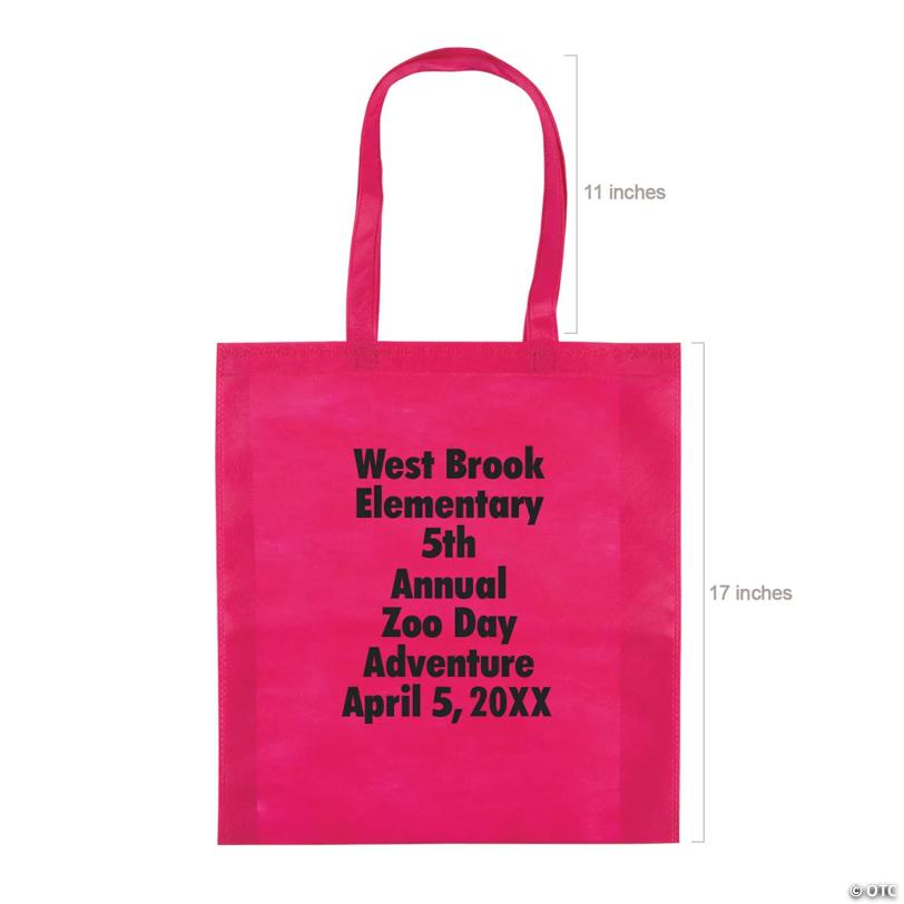 15" x 17" Personalized Large Pink Nonwoven Tote Bags with Text Color Choice - 48 Pc.
