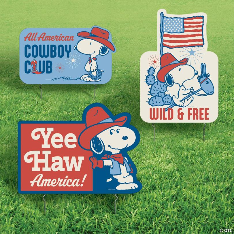 16" – 22 1/2" Peanuts Snoopy Yee-Haw America Single-Sided Plastic Yard Signs – 3 Pc.