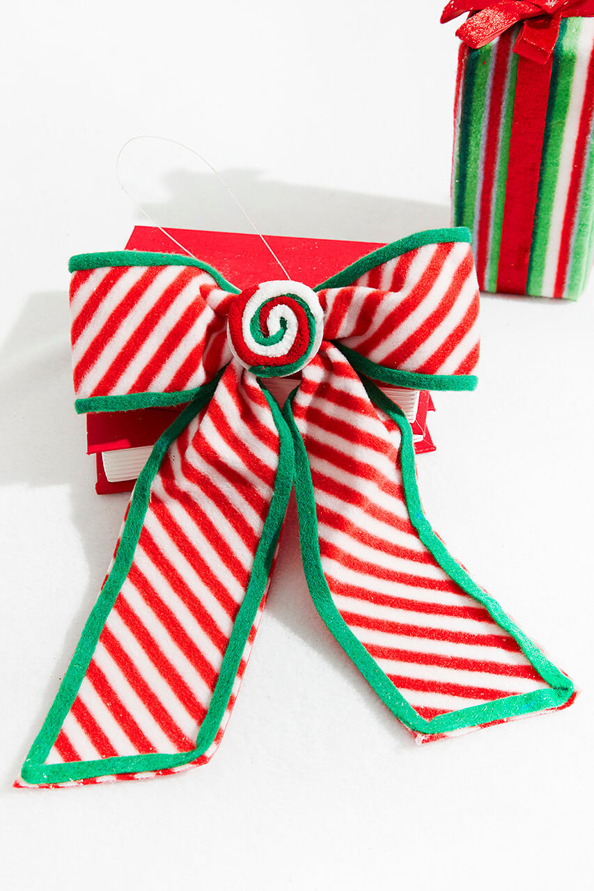 11” x 9” Stripe Bow Christmas Ornament Red and White Holiday Tree Decoration