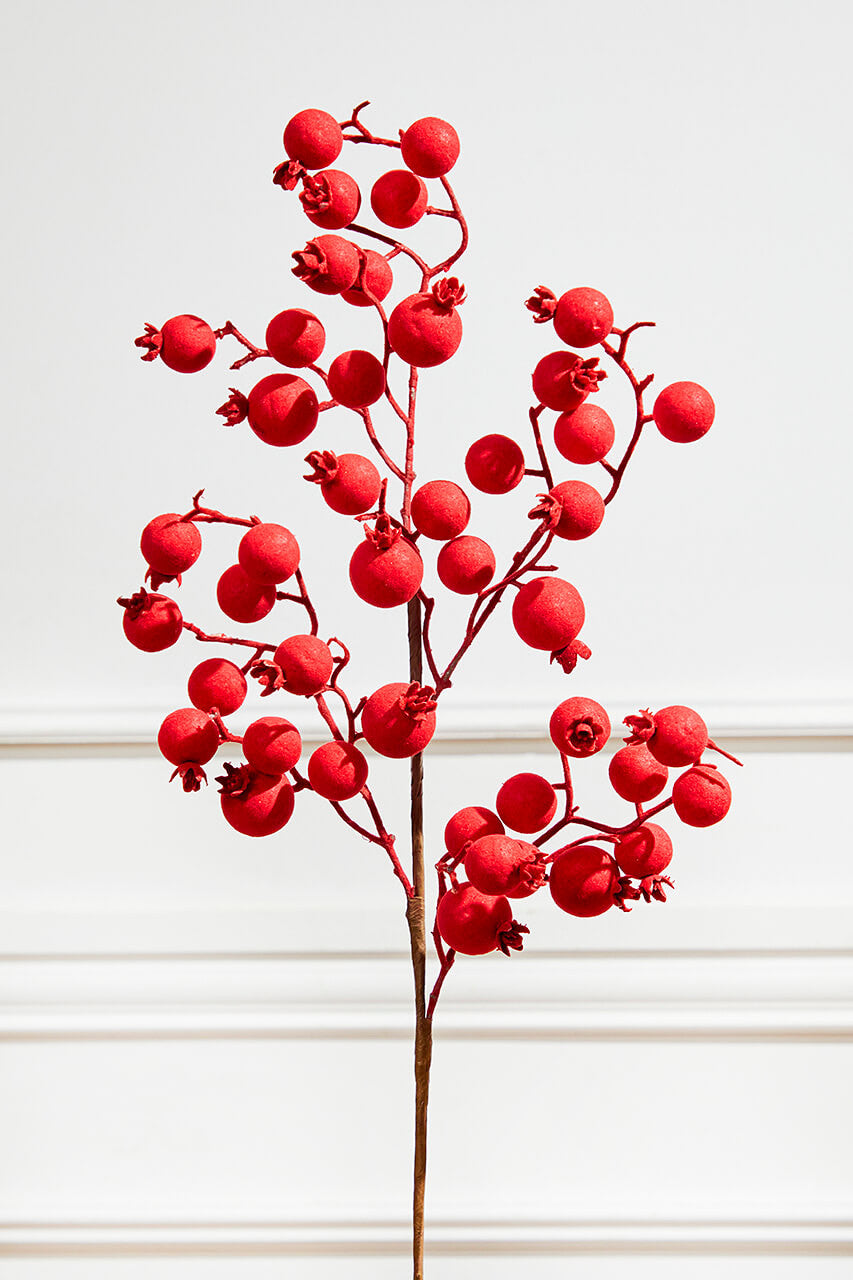 29” Red Flocked Berry Spray Artificial Holiday Floral Stem for Christmas Tree and Winter Décor