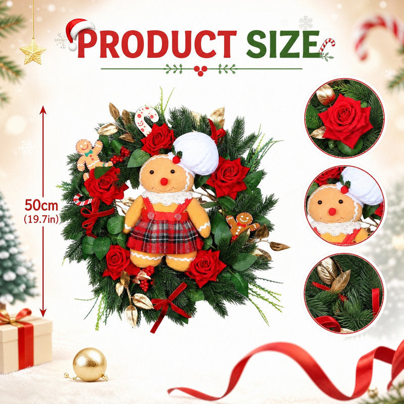 19.7 Inch Pre-Lit Christmas Wreath with Gingerbread Doll, Red Roses and Pine Sprigs, Lighted Artificial Holiday Wreath for Front Door Wall Mantel Christmas Home Decor