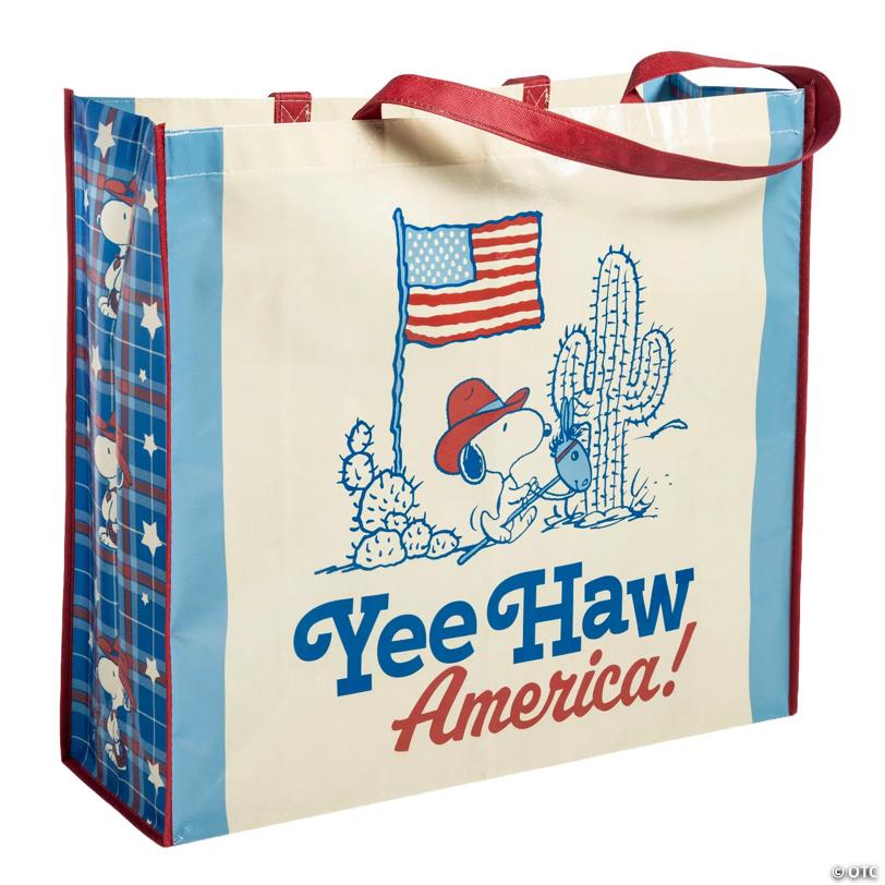 19" x 17 1/2" Large Patriotic Peanuts Snoopy Yee Haw America Laminated Nonwoven Shopper Tote Bag