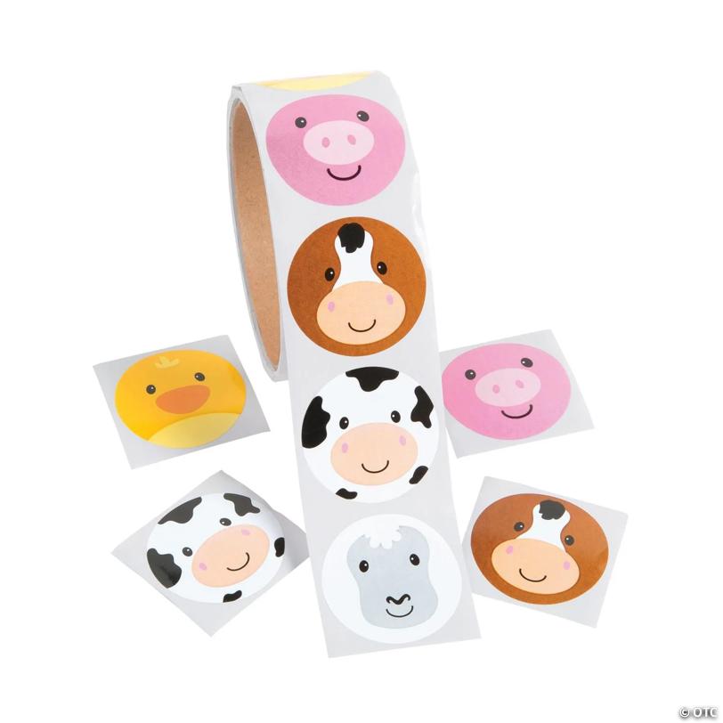 1 1/2" Farm Animal Face Multicolor Paper Sticker Roll - 100 Pc. | USA Decoration®