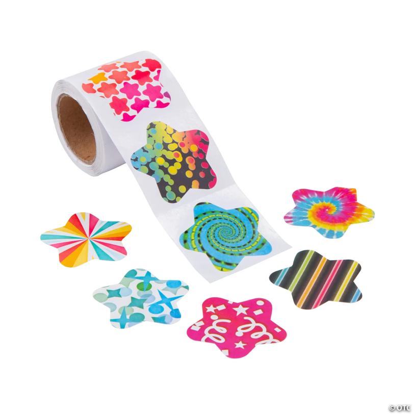 1 1/2" Funky Pattern Star Multicolor Paper Sticker Roll - 100 Pc. | USA Decoration®