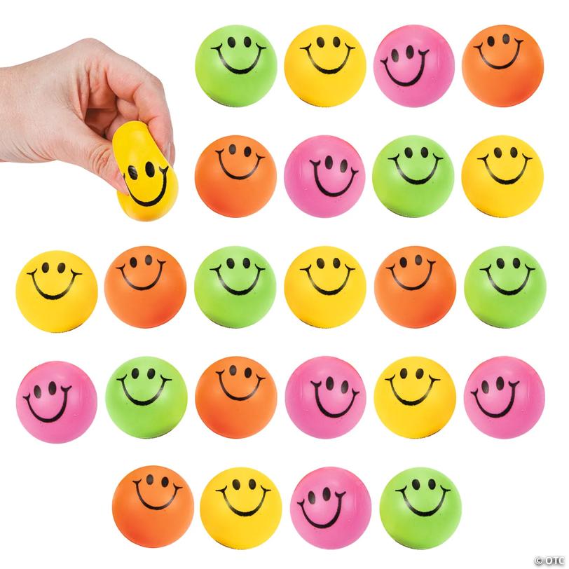 1 1/2" Mini Neon Smile Face Solid Color Foam Stress Balls - 24 Pc.