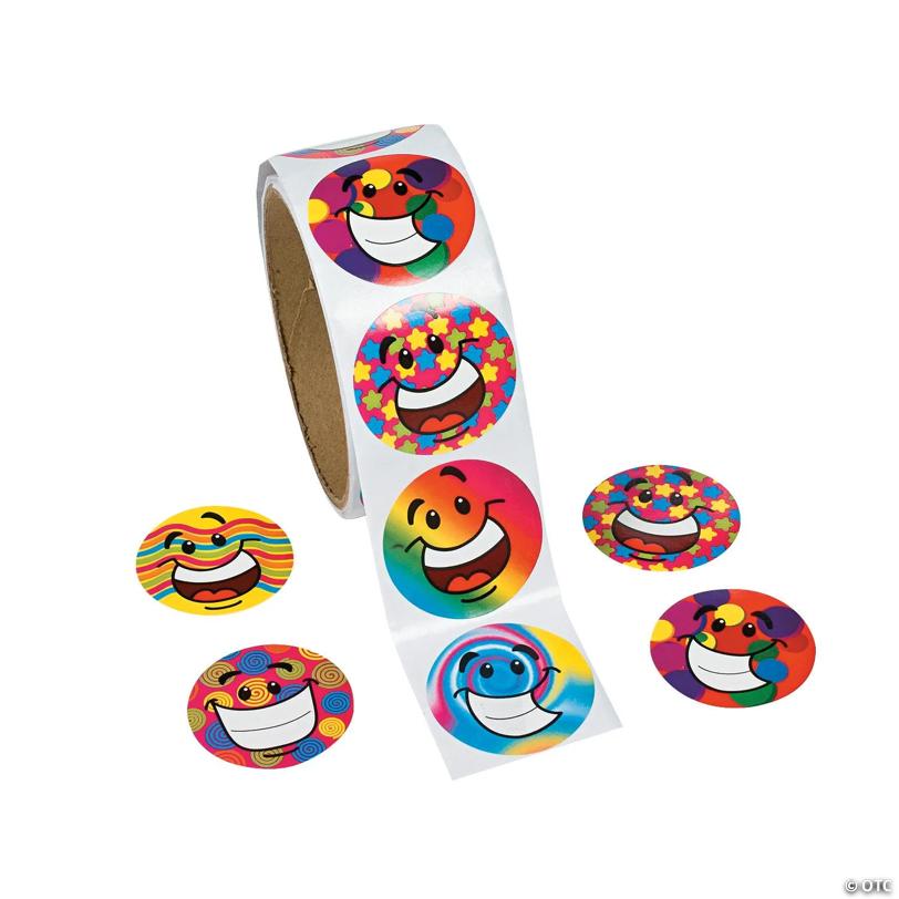 1 1/2" Multicolor Funky Smile Face Paper Sticker Roll - 100 Pc. | USA Decoration®