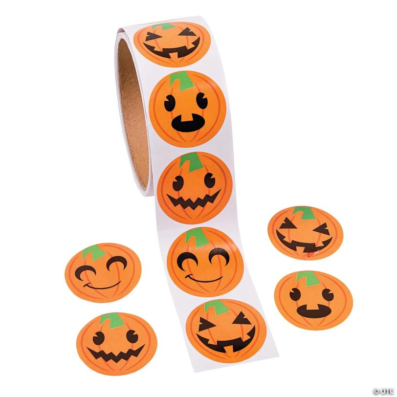 1 1/2" Pumpkin Jack-O'-Lantern Face Paper Sticker Roll - 100 Pc.