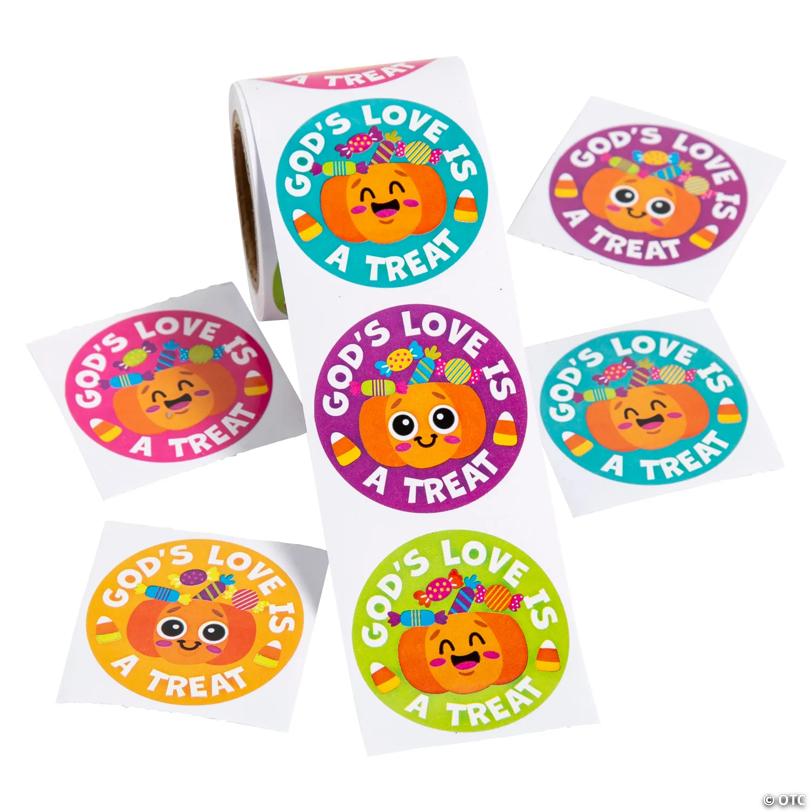 1 1/2" Religious Halloween God’s Love is a Treat Pumpkin Sticker Roll - 100 Pc.