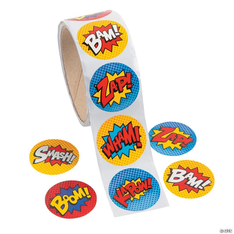 1 1/2" Superhero Comic Book Sound Effect Paper Sticker Roll - 100 Pc. | USA Decoration®