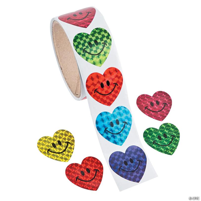 1 1/2" Valentine's Day Smile Face PrismHeart Sticker Roll - 100 Pc. | USA Decoration®