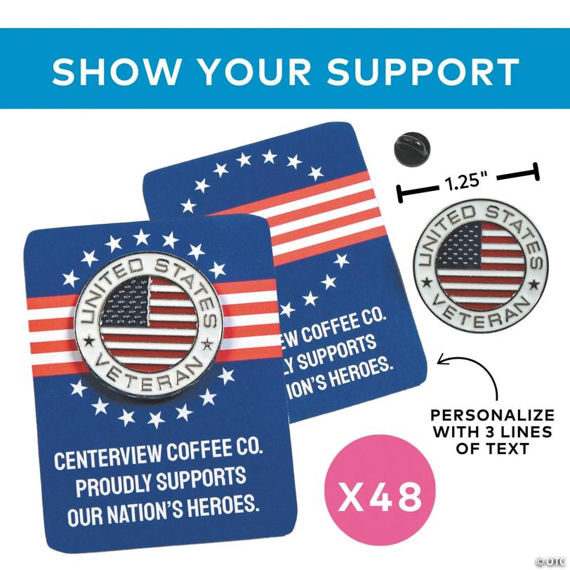 1 1/4" Bulk Patriotic Thank a Veteran Metal Pins on Personalized Card for 48