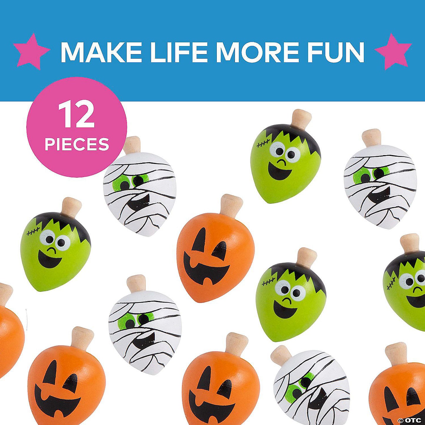 2" Happy Halloween Mummy, Jack-O'-Lantern Frankenstein Spin Tops - 12 Pc. | USA Decoration®