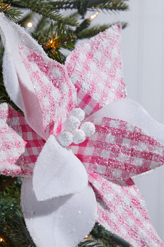 Pink White Checkered Poinsettia Pick 19 Inch Christmas Decoration