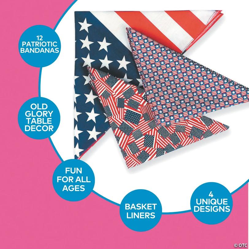 20" Patriotic Stars & Stripes Polyester Bandana Assortment – 12 Pc.