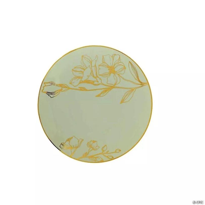 20 Sage Green Round Disposable Salad Dinner Plastic PLATES Gold Floral Design | USA Decoration®