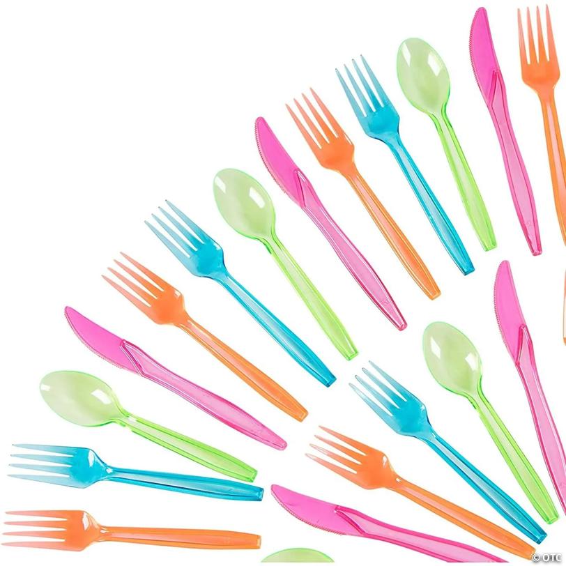 216 Piece Rainbow Plastic Silverware Set for Parties with Neon Forks, Spoons, Knives (Serves 54) | USA Decoration®