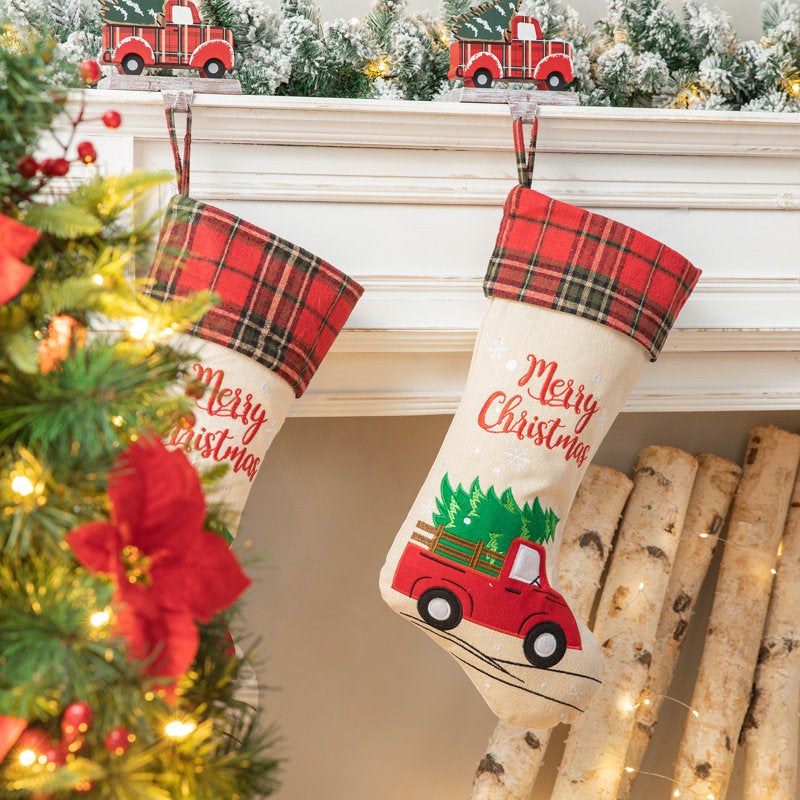 21''L Embroidered Linen Christmas Stocking - Red Truck
