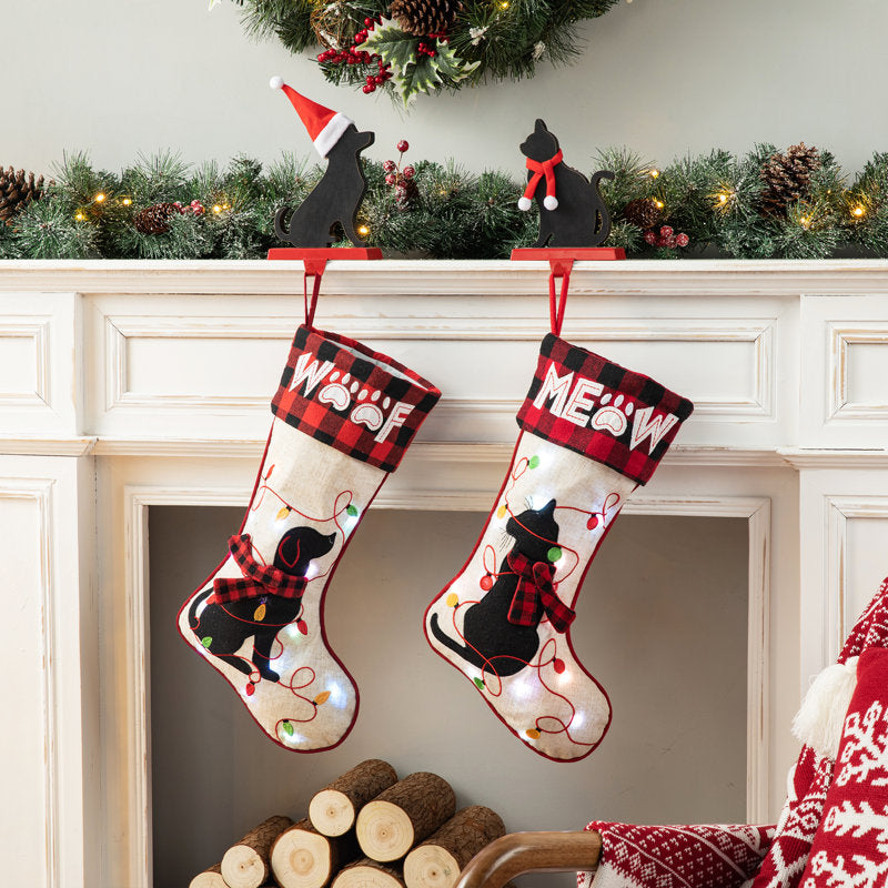21''L LED Embroidered Linen Christmas Stocking - Cat