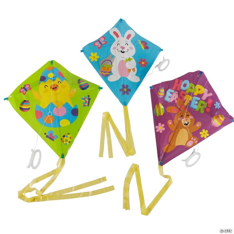 21" x 22" Bright Bunny & Chick Easter Kites with Tails - 12 Pc.